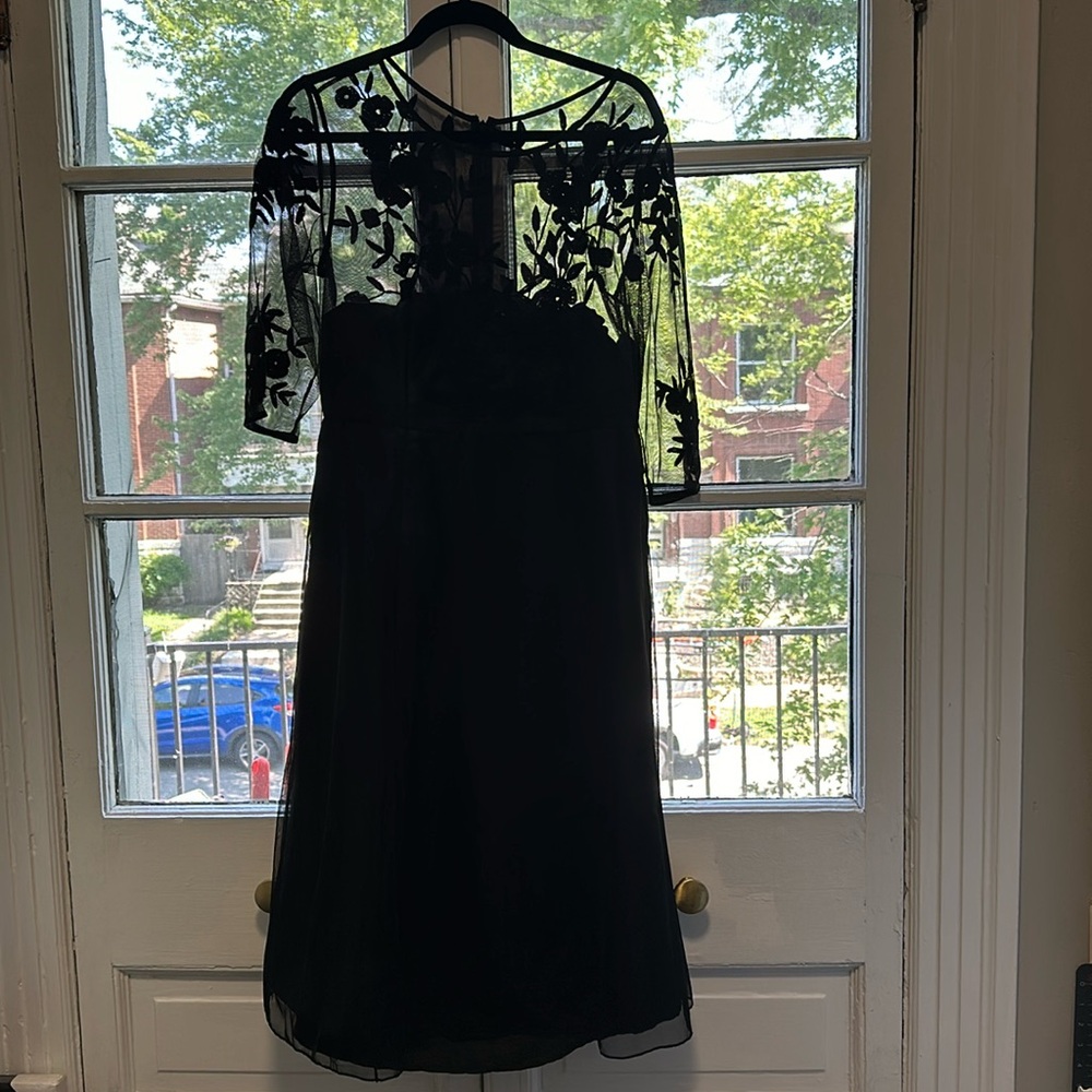 Custom sewn party dress. Sheer overlay with embroidered flowers on the bodice.